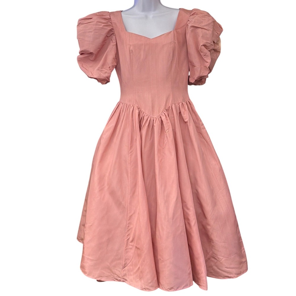 Vintage 80s Pink Taffeta Dress Puff Sleeve Prom Regencycore Princesscore